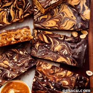A tantalizing photo of chocolate peanut butter oatmeal bars, cut into perfect squares and beautifully arranged on a brown plate, ready to be served.
