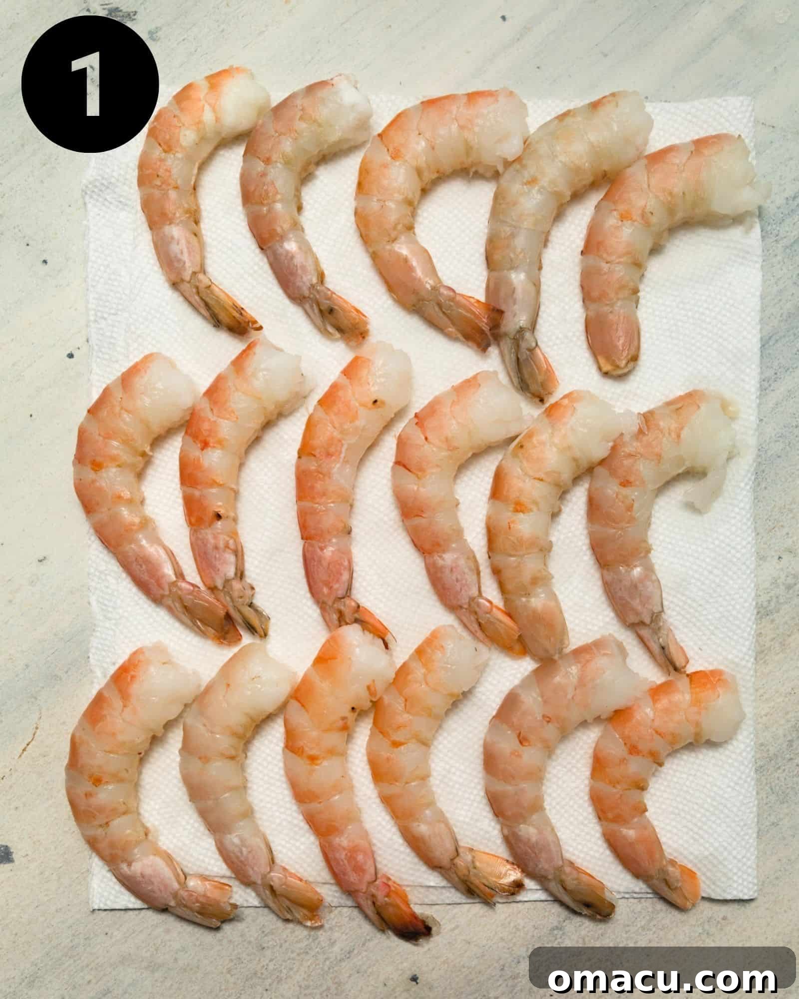 Raw jumbo shrimp neatly arranged on a paper towel, ready for seasoning.