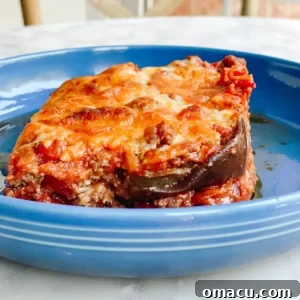 A generous corner slice of homemade eggplant lasagna on a plate, showcasing layers of tender eggplant, rich sauce, and melted cheese.