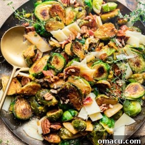 Crispy honey sriracha Brussels sprouts served in a large, inviting serving bowl, perfect for sharing.