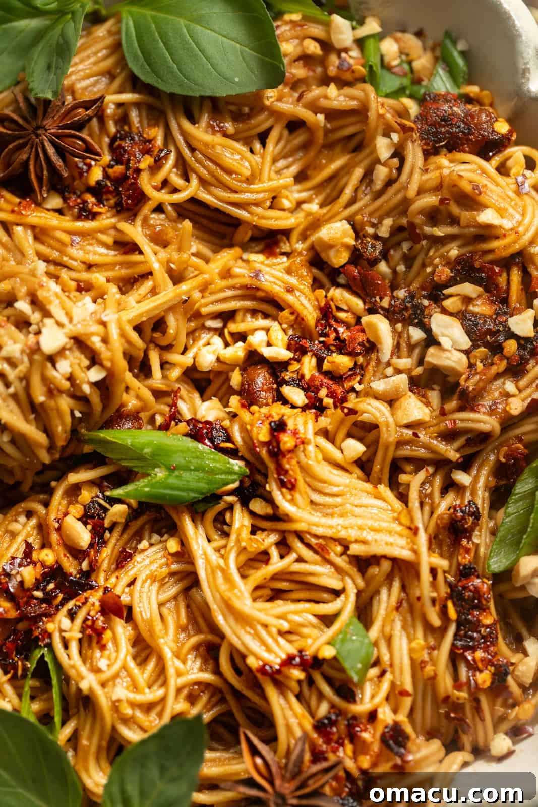Closeup of peanuts and spicy sesame oil sauce over soba noodles.
