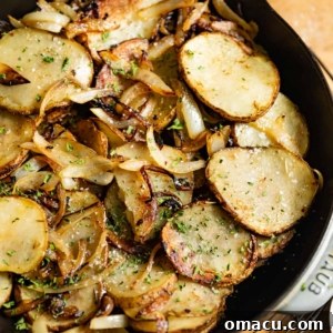 Fried sliced potatoes and onions in a cast iron skillet, presenting a delicious, crispy texture.