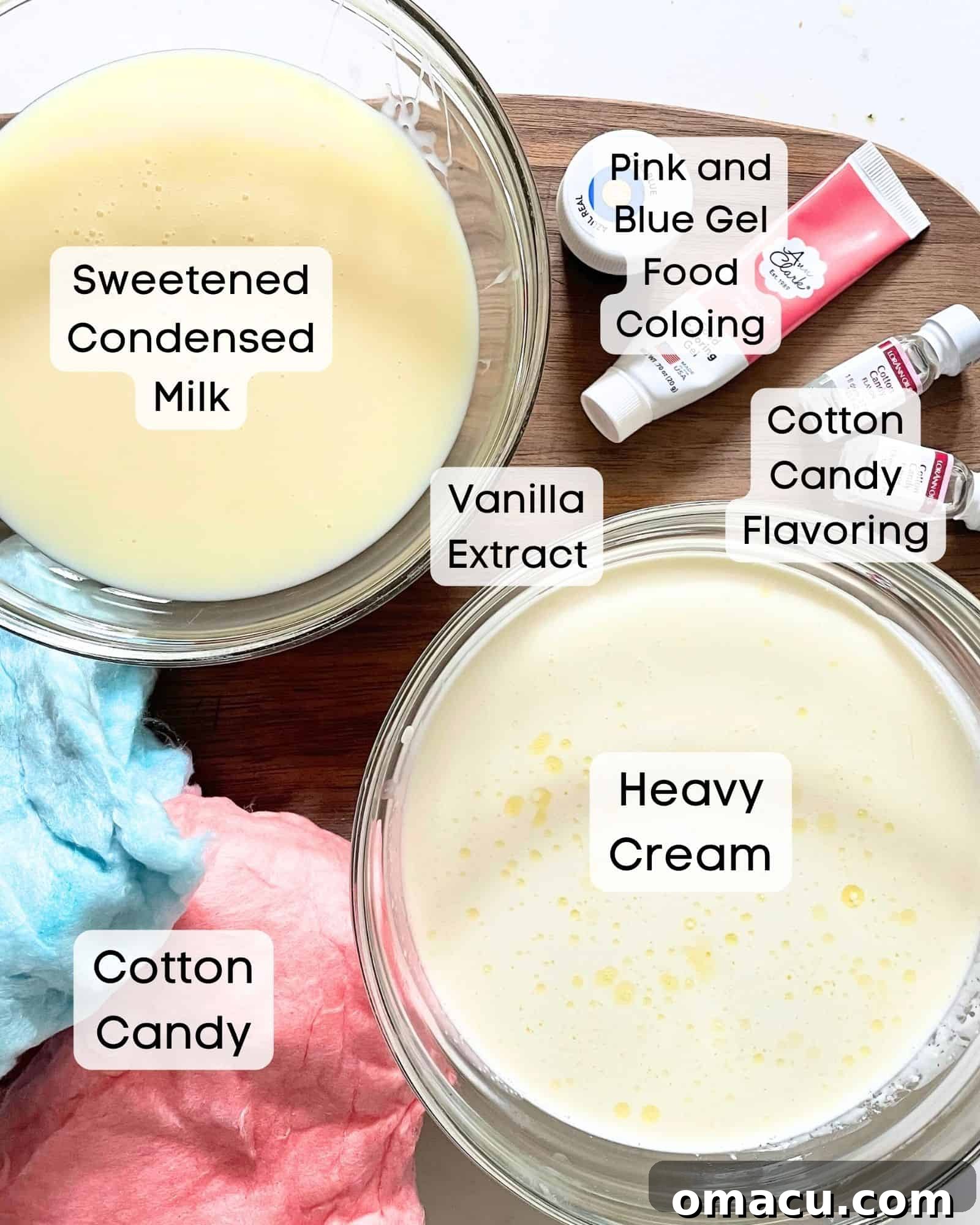 A flat lay of the essential ingredients for homemade cotton candy ice cream, featuring a can of sweetened condensed milk, a carton of heavy cream, separate bottles of pink and blue food coloring, a fluffy pile of real cotton candy, and a bottle of vanilla extract, all ready for mixing.