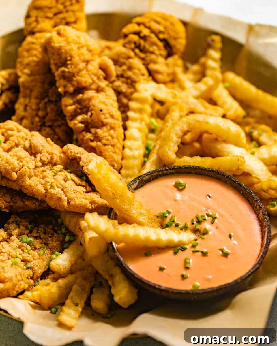 Boom Boom Sauce served on a plate with crispy chicken tenders and golden french fries, ready for dipping.