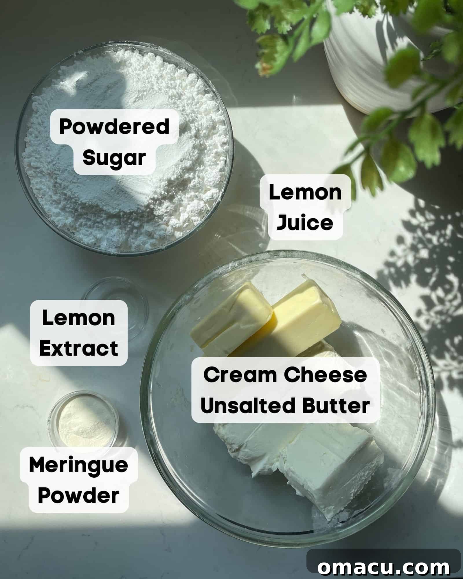 Ingredients for lemon cream cheese frosting, including cream cheese, butter, powdered sugar, and lemons, neatly arranged on a white surface with a hint of greenery.