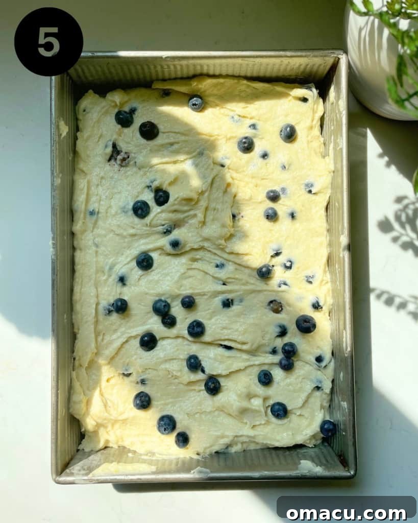 Lemon blueberry cake batter smoothly spread in a prepared baking pan, ready for the oven.