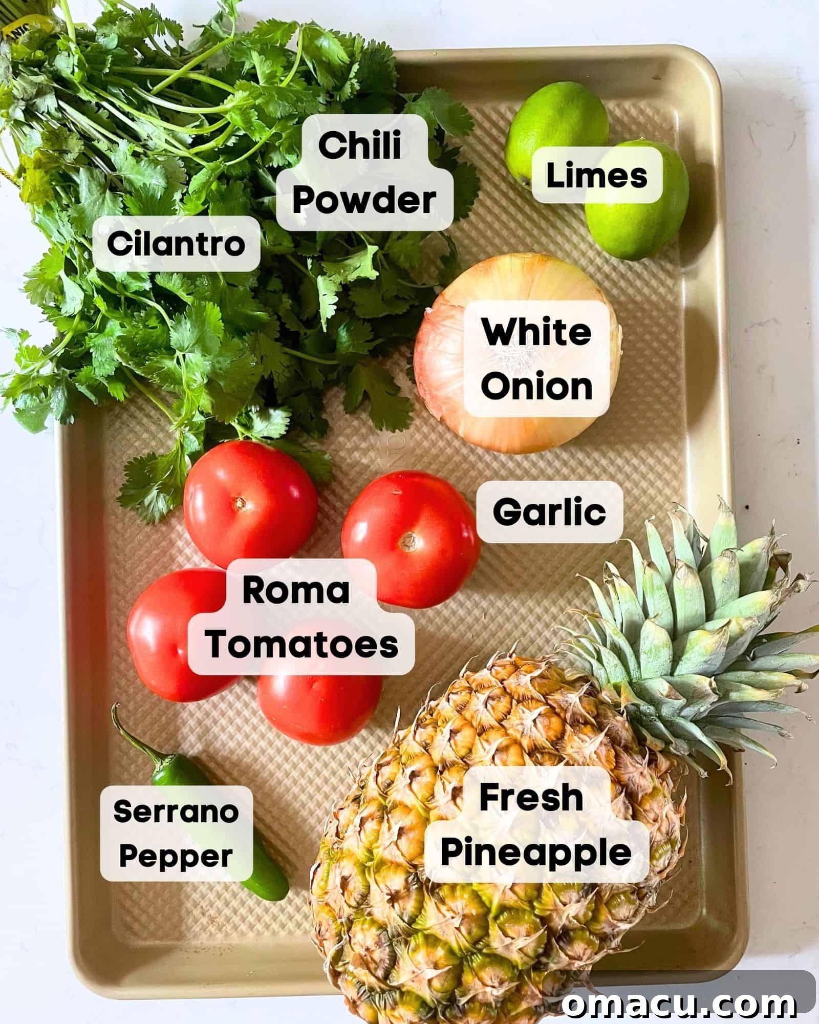 A beautifully arranged spread of fresh ingredients for pineapple pico de gallo, including vibrant cilantro, a ripe fresh pineapple, a white onion, bright green limes, chili powder, firm Roma tomatoes, and a fiery serrano pepper.