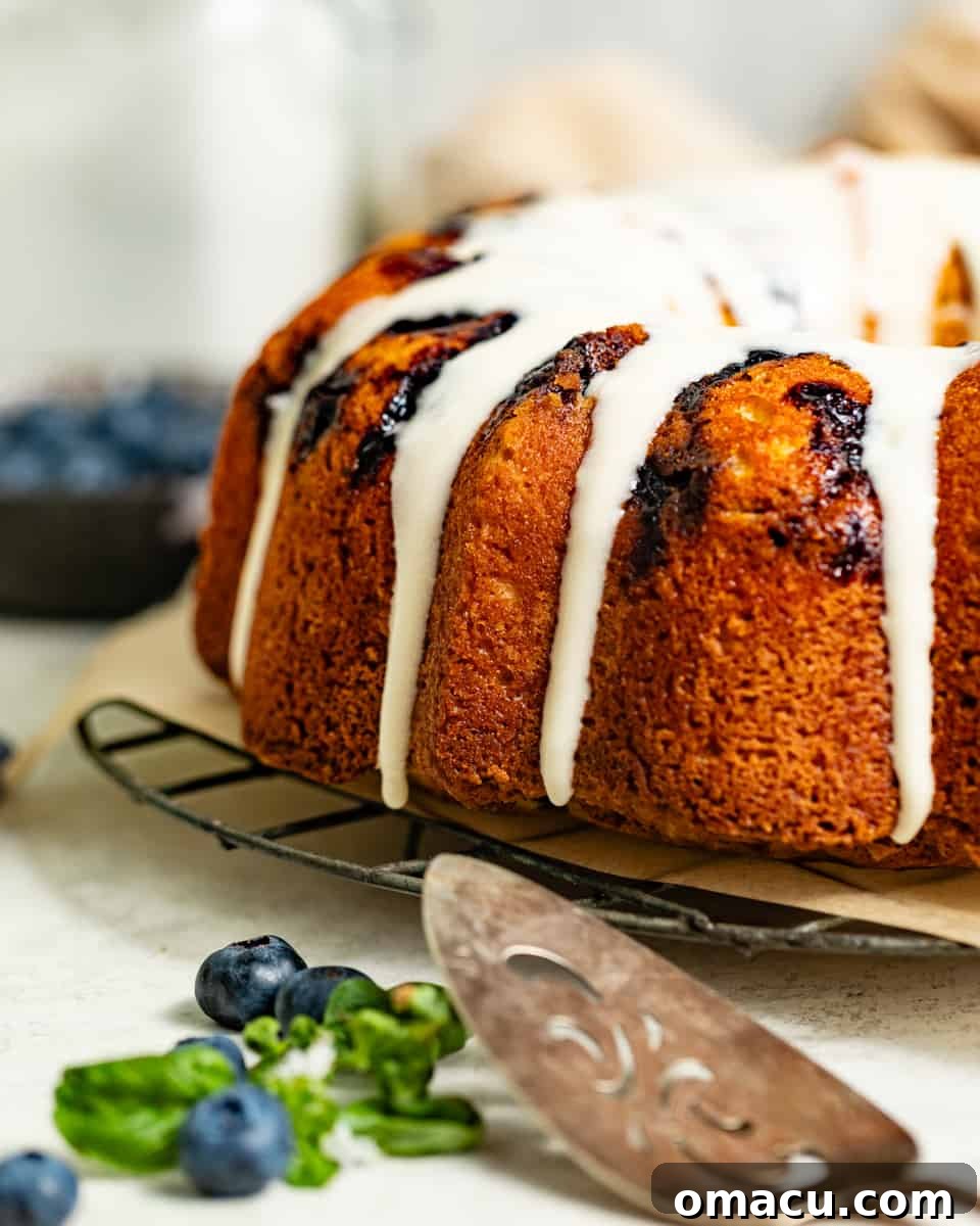 Up-close photo of a slice of blueberry pound cake on a cake server, revealing the tender crumb and scattered blueberries.