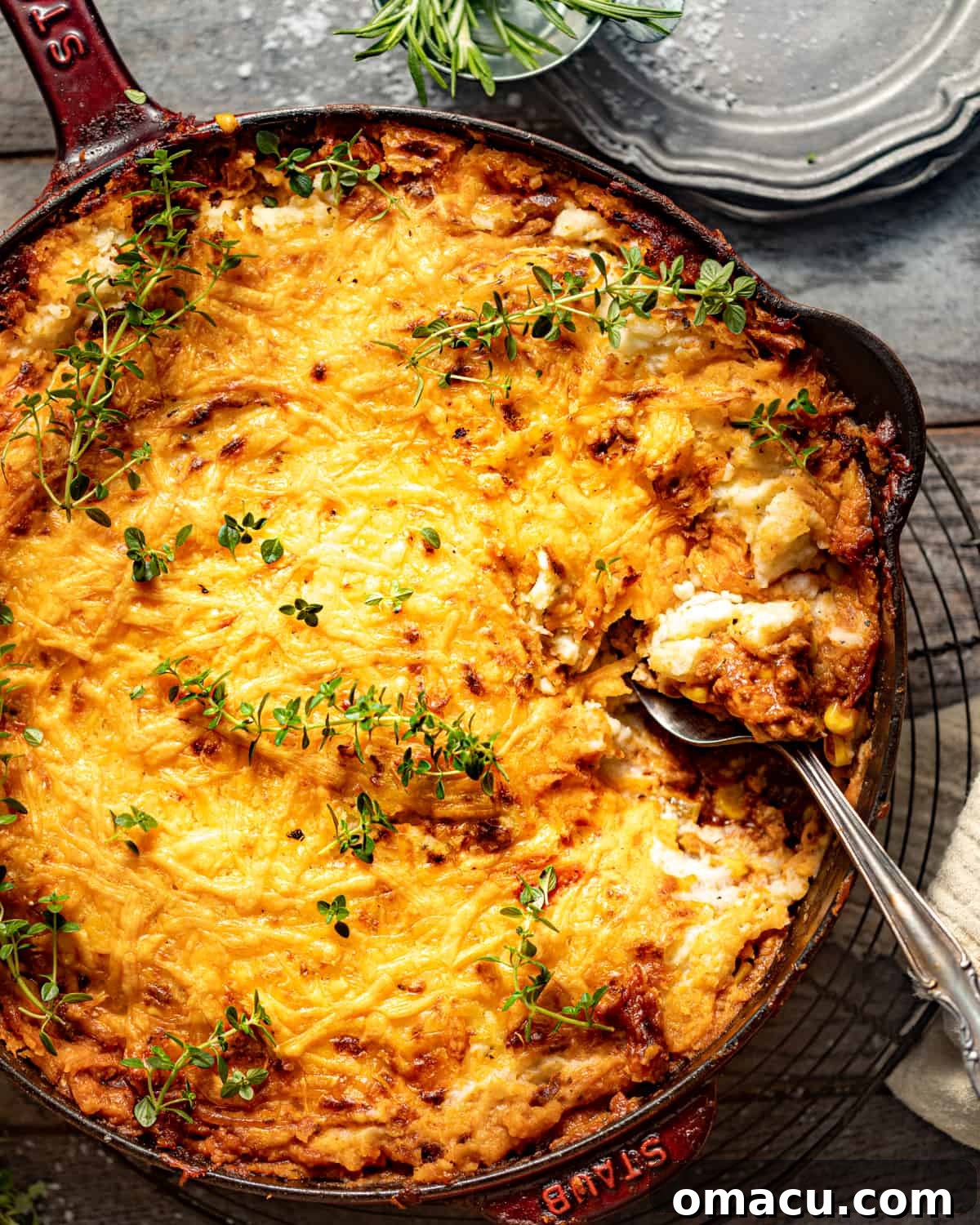 Shepherd's pie in a cast iron skillet.