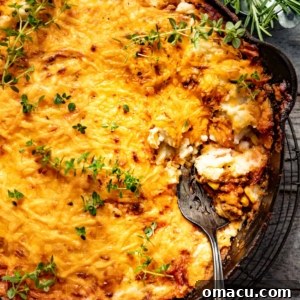 Shepherd's pie in a cast iron skillet.