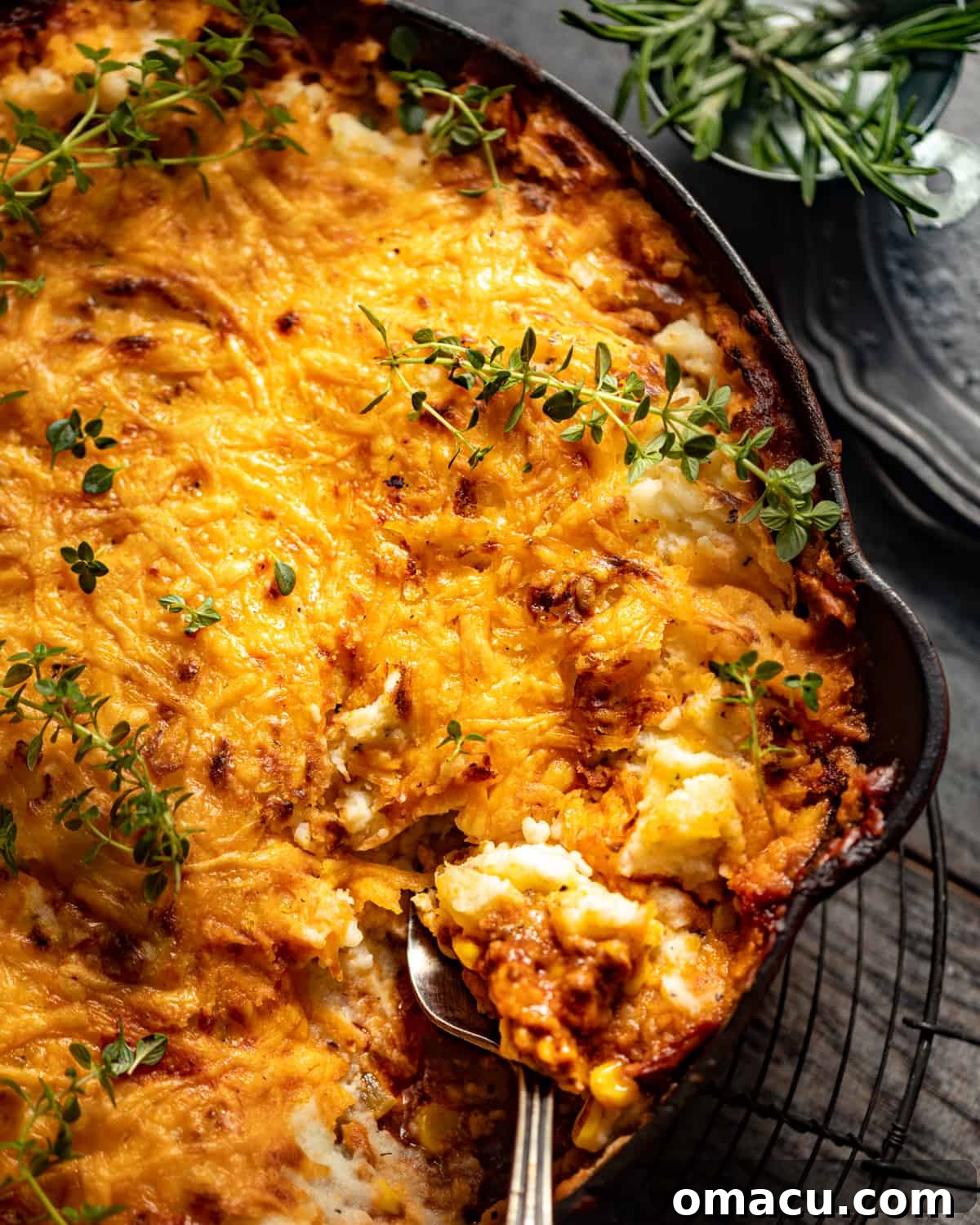 Shepherd's pie in a cast iron skillet.