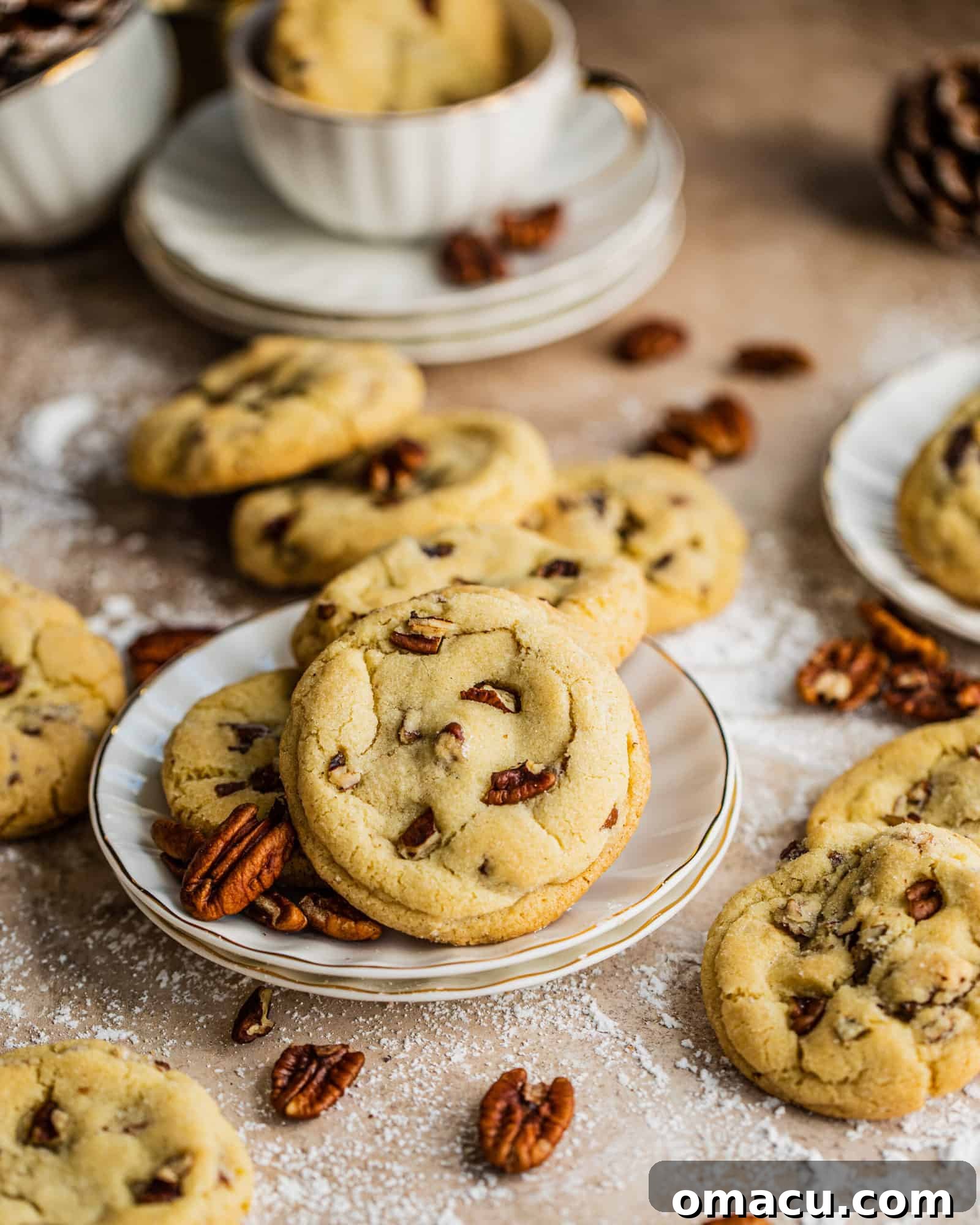 Delicious Vanilla Bean Butter Pecan Cookies arranged beautifully on a plate, surrounded by whole pecans.
