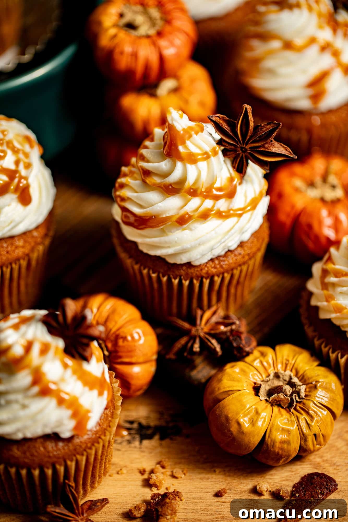 Beautifully arranged salted caramel pumpkin cupcakes on a rustic brown board, garnished with mini pumpkins and drizzled caramel sauce.