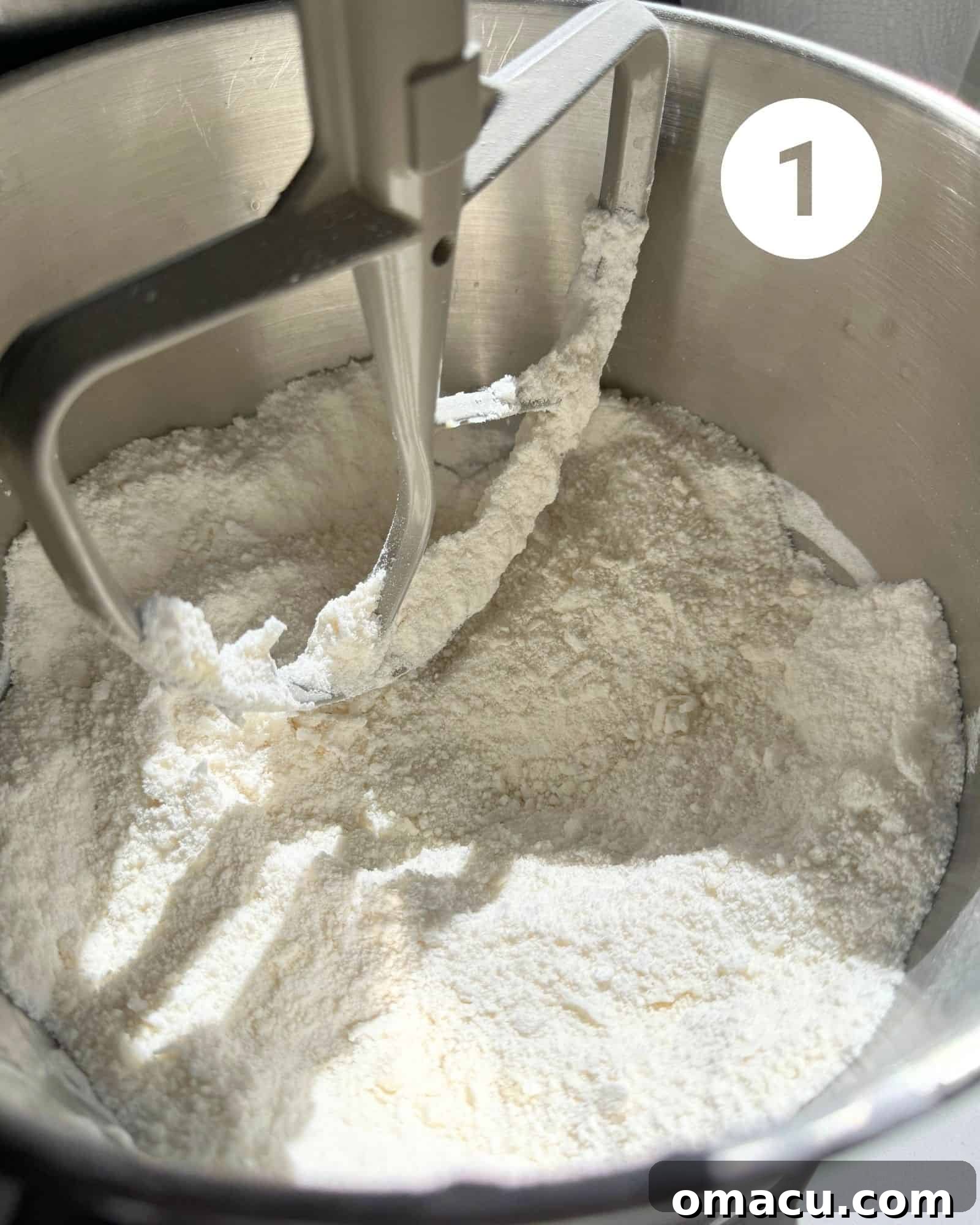 Dry ingredients mixed together in the bowl of a stand mixer, demonstrating the sandy texture after butter incorporation.