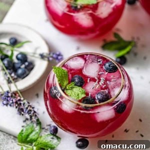 A refreshing glass of Blueberry Lavender Lemonade with ice cubes, fresh blueberries, and mint leaves, ready to be enjoyed.