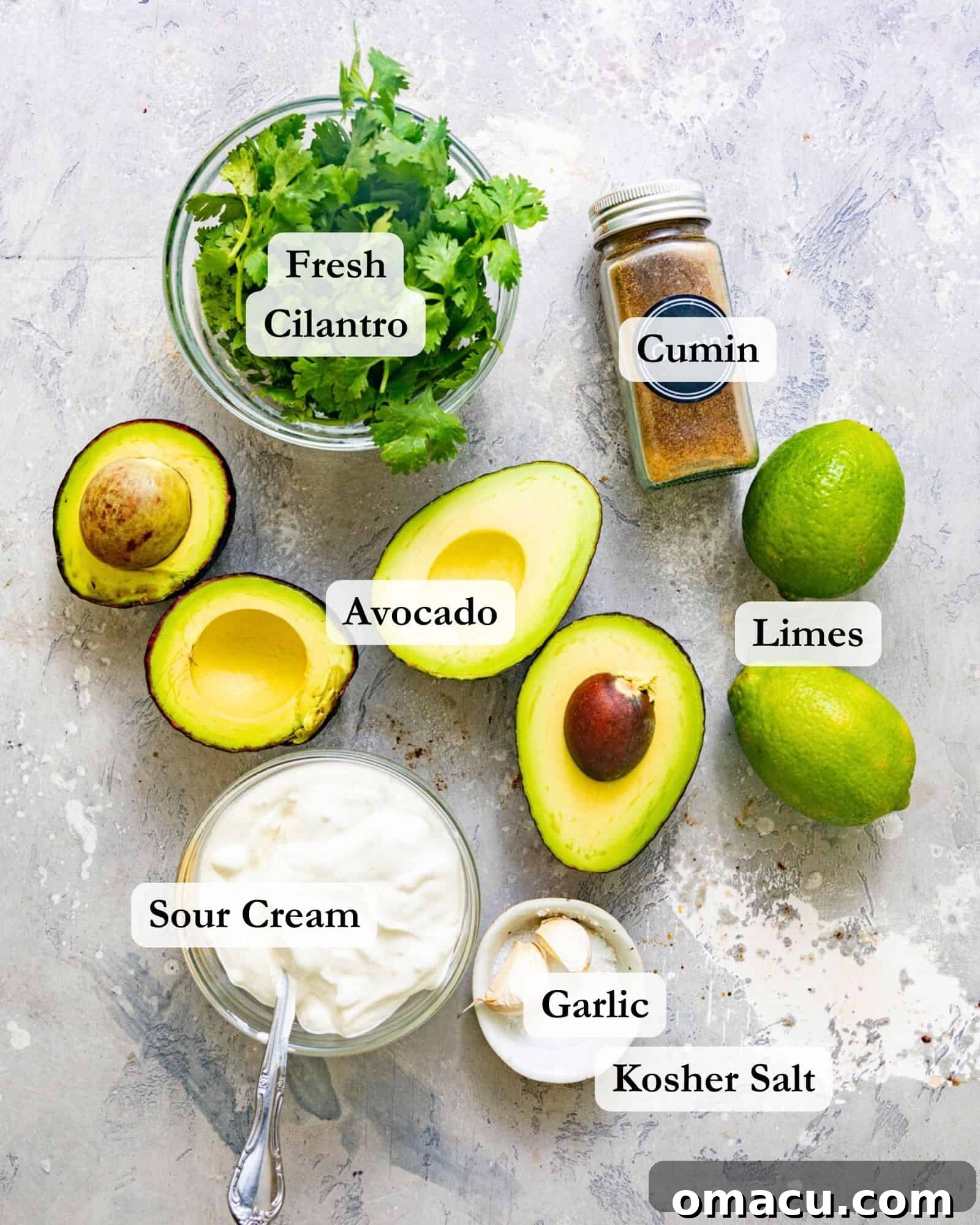 All the fresh ingredients for avocado crema laid out on a grey surface, including whole and halved avocados, fresh cilantro, lime, garlic, a bowl of sour cream, ground cumin, and kosher salt.