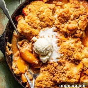 cast iron peach cobbler in a skillet topped with a scoop of vanilla ice cream.