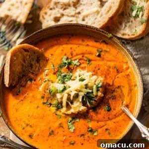 A serving of Roasted Red Pepper and Gouda Soup in a bowl