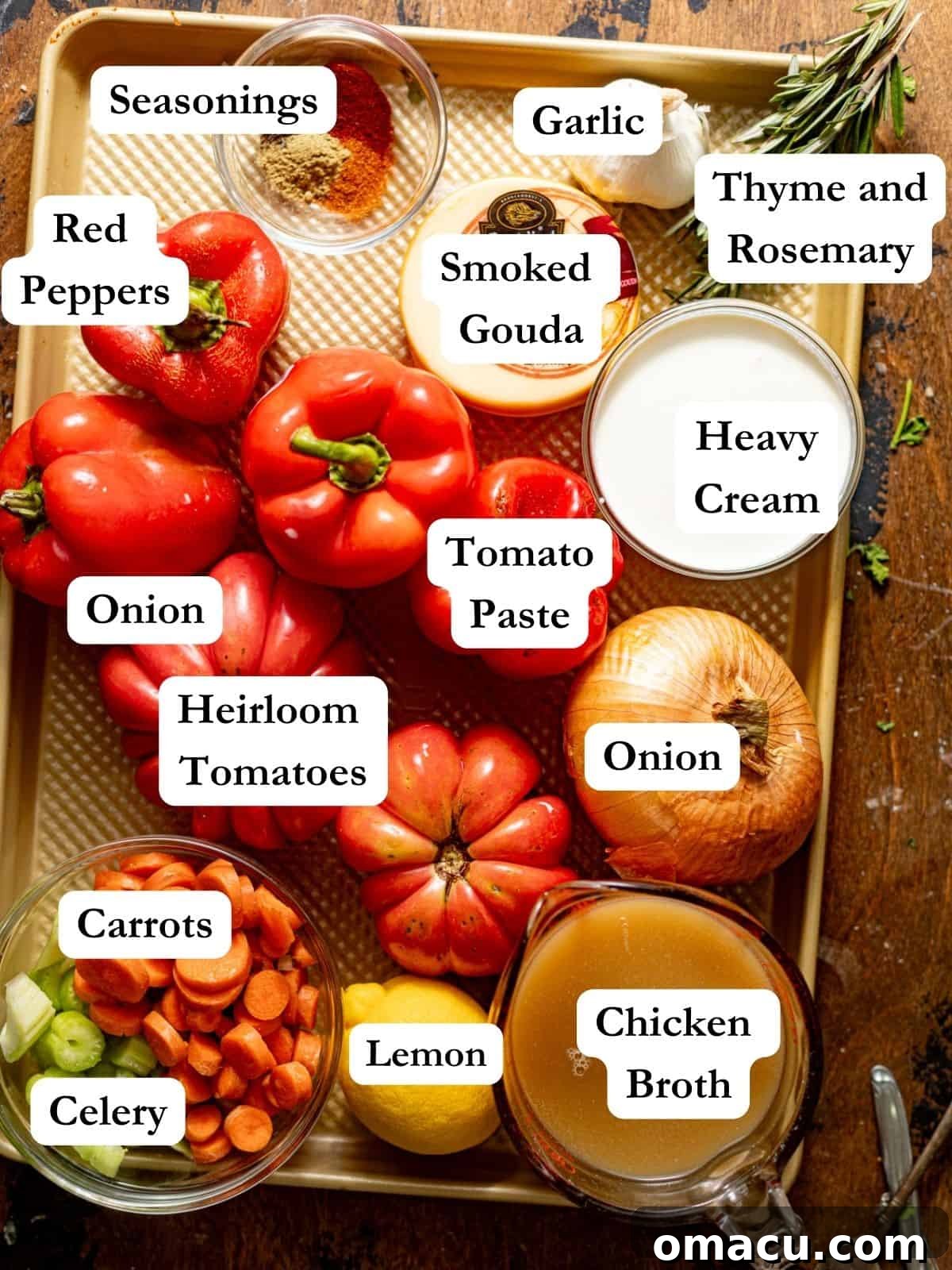 A vibrant display of fresh ingredients for roasted red pepper and gouda soup arranged on a baking sheet, including bright red peppers, ripe tomatoes, heavy cream, a wedge of smoked gouda cheese, aromatic thyme and rosemary, chopped celery, carrots, onion, garlic cloves, rich chicken broth, a fresh lemon, and a small can of tomato paste, alongside a sprinkle of various seasonings.