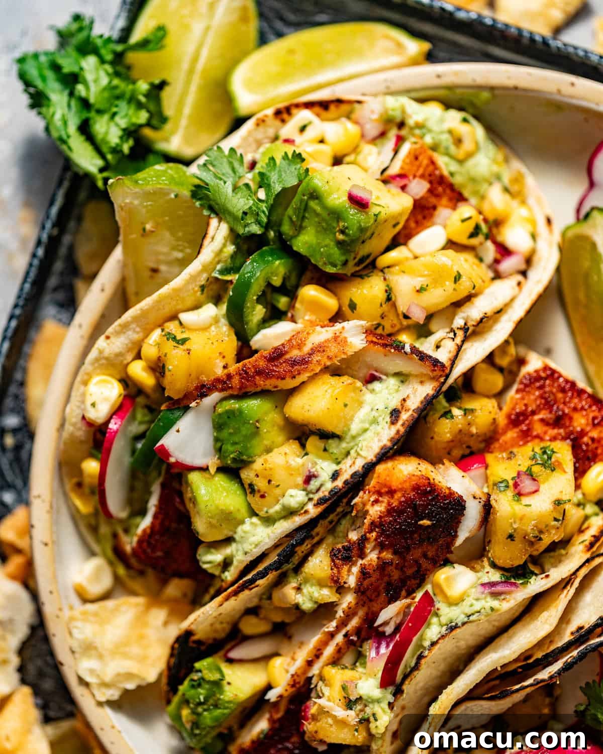 Beautifully arranged mahi mahi tacos on a serving plate, elegantly garnished with fresh lime wedges, vibrant cilantro, and thin slices of radishes for added crunch and freshness.