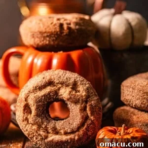 pumpkin spice donuts on a wooden table with a pumpkin mug and mini pumpkins.