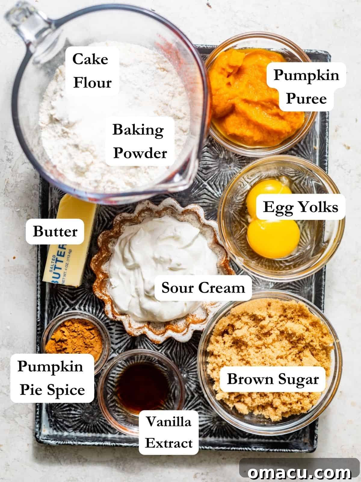 A curated display of ingredients for making pumpkin donuts, including canned pumpkin puree, brown sugar, egg yolks, sour cream, cake flour, baking powder, salt, pumpkin pie spice, vanilla extract, and salted butter, all ready for baking.