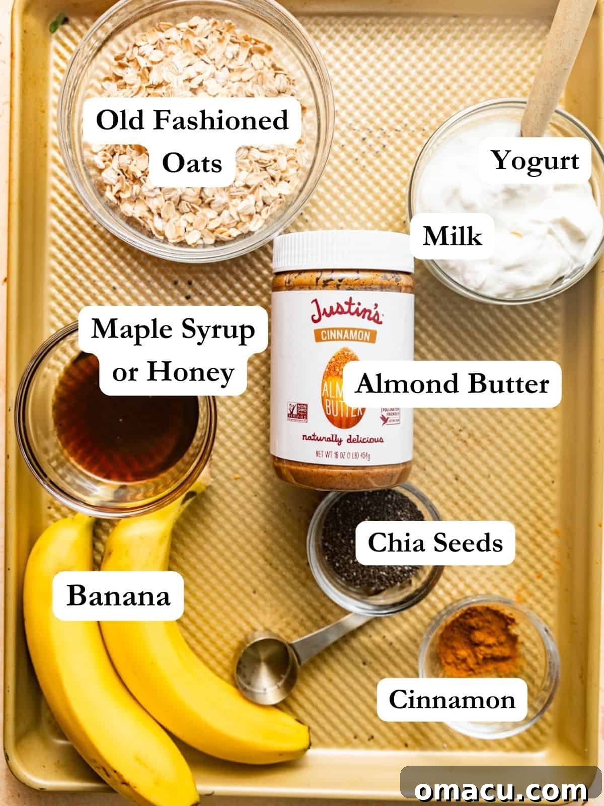 A beautiful flat lay of all the essential ingredients needed to make almond butter overnight oats: old-fashioned oats, various milks, creamy Greek yogurt, golden honey, ripe bananas, smooth almond butter, tiny chia seeds, fragrant vanilla extract, and warm cinnamon sticks.