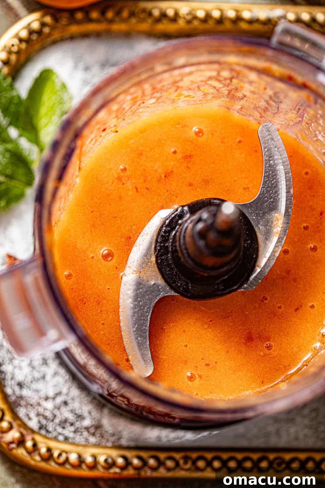 All liquid ingredients – peaches, bourbon, peach schnapps, maple syrup, cinnamon, and lemon juice – combined in a food processor, before blending.