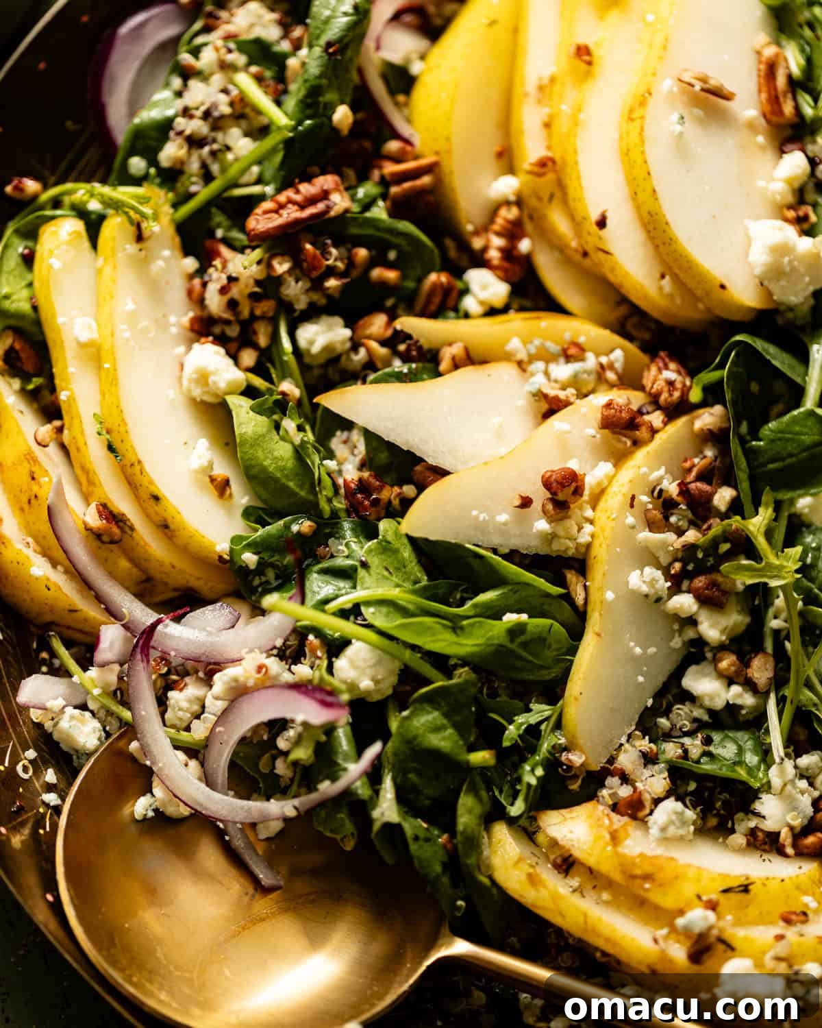 Close-up view of Arugula Pear Salad in a bowl, showcasing the fresh ingredients and vibrant colors.