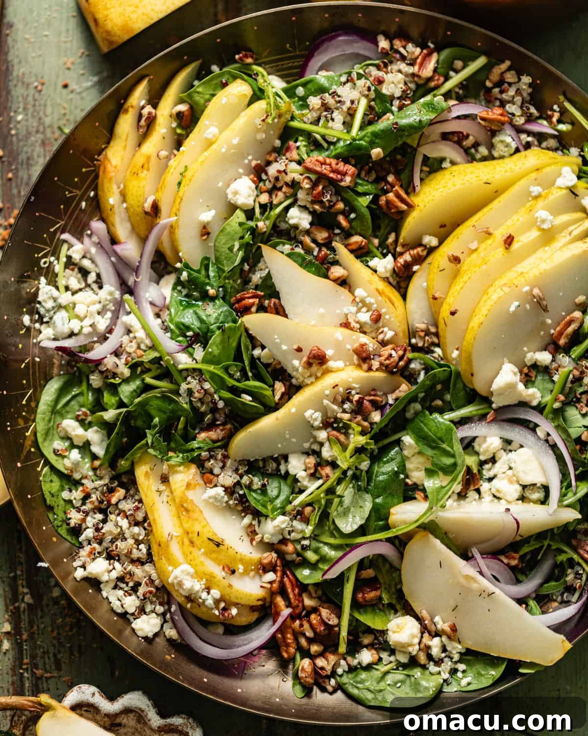 Arugula Pear Salad beautifully assembled on a white plate, showcasing all the colorful ingredients.
