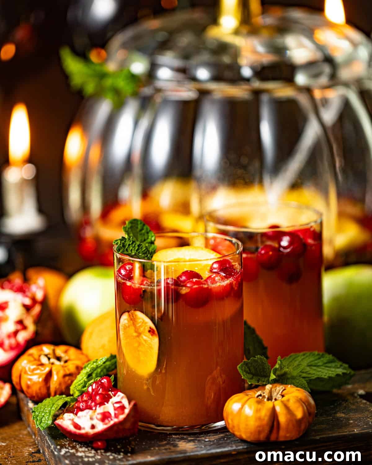autumn sangria in two coupe glasses with cinnamon sticks, star anise, oranges, apples, and pomegranate seeds.