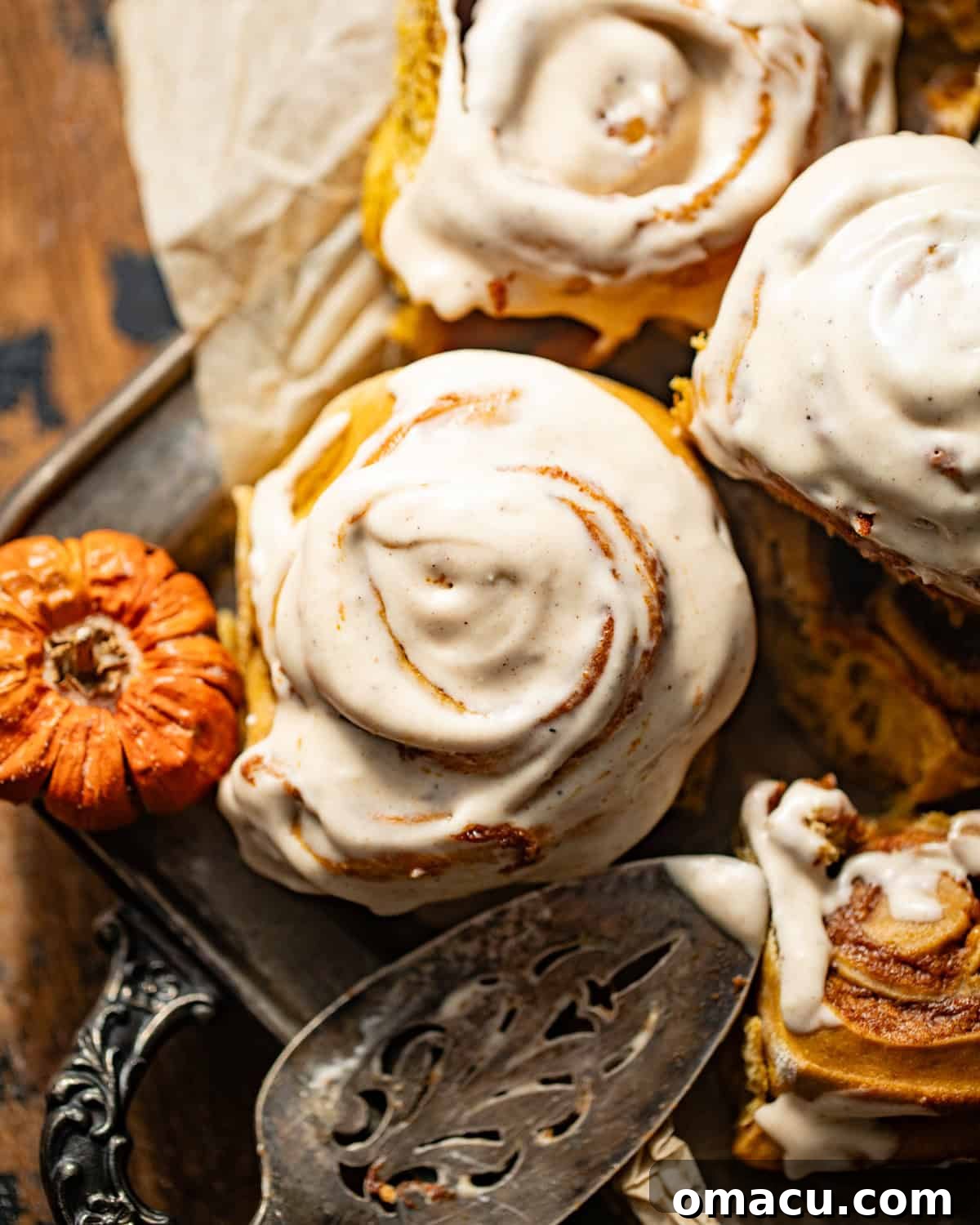 Up close view of freshly baked pumpkin cinnamon rolls on a silver platter, glistening with glaze, surrounded by small decorative pumpkins.