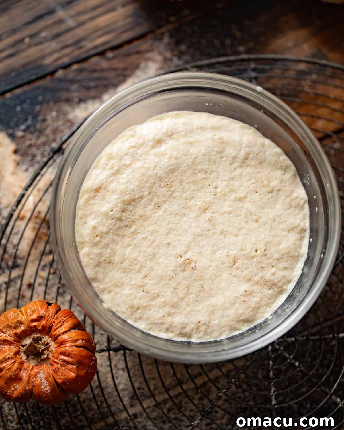 A small bowl showing the yeast mixture bubbling, indicating it has bloomed successfully.