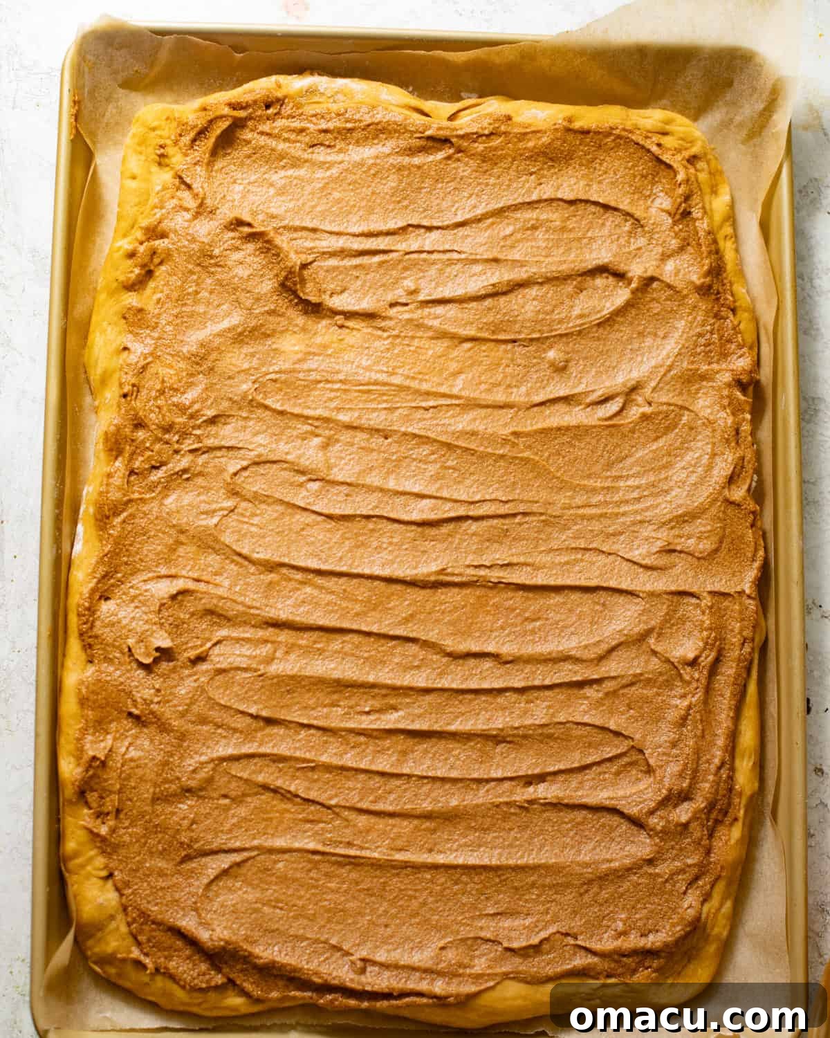 Rolled out pumpkin brioche dough spread with the pumpkin cinnamon filling.