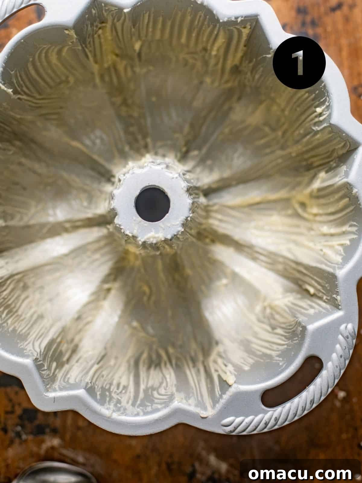 Bundt cake pan coated thoroughly with nonstick baking spray for easy release.