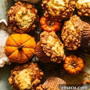 Pumpkin cream cheese muffins beautifully presented on a wooden table alongside small decorative pumpkins, perfectly capturing the essence of autumn.