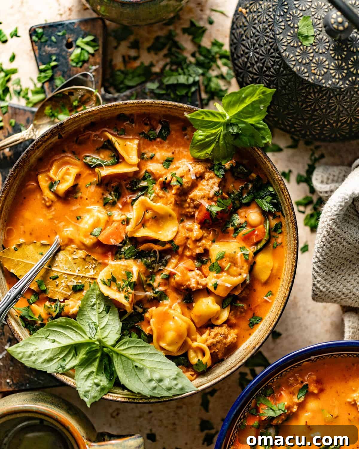A steaming bowl of vibrant Tuscan tortellini soup, garnished with fresh basil leaves and grated Parmesan cheese, ready to be enjoyed.