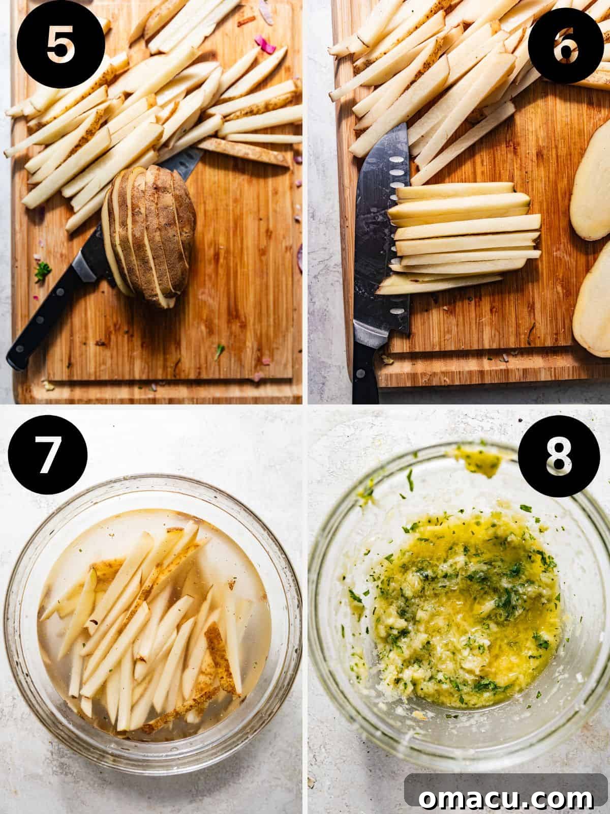 A collage of photos demonstrating how to wash, peel, cut, and soak potatoes to make perfect French fries, including a bowl of garlic butter.
