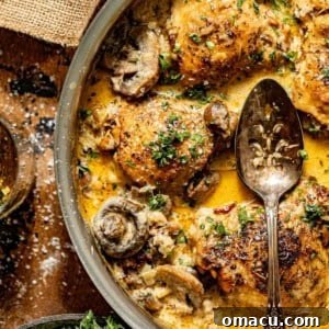 chicken in white wine in a skillet with a spoon.