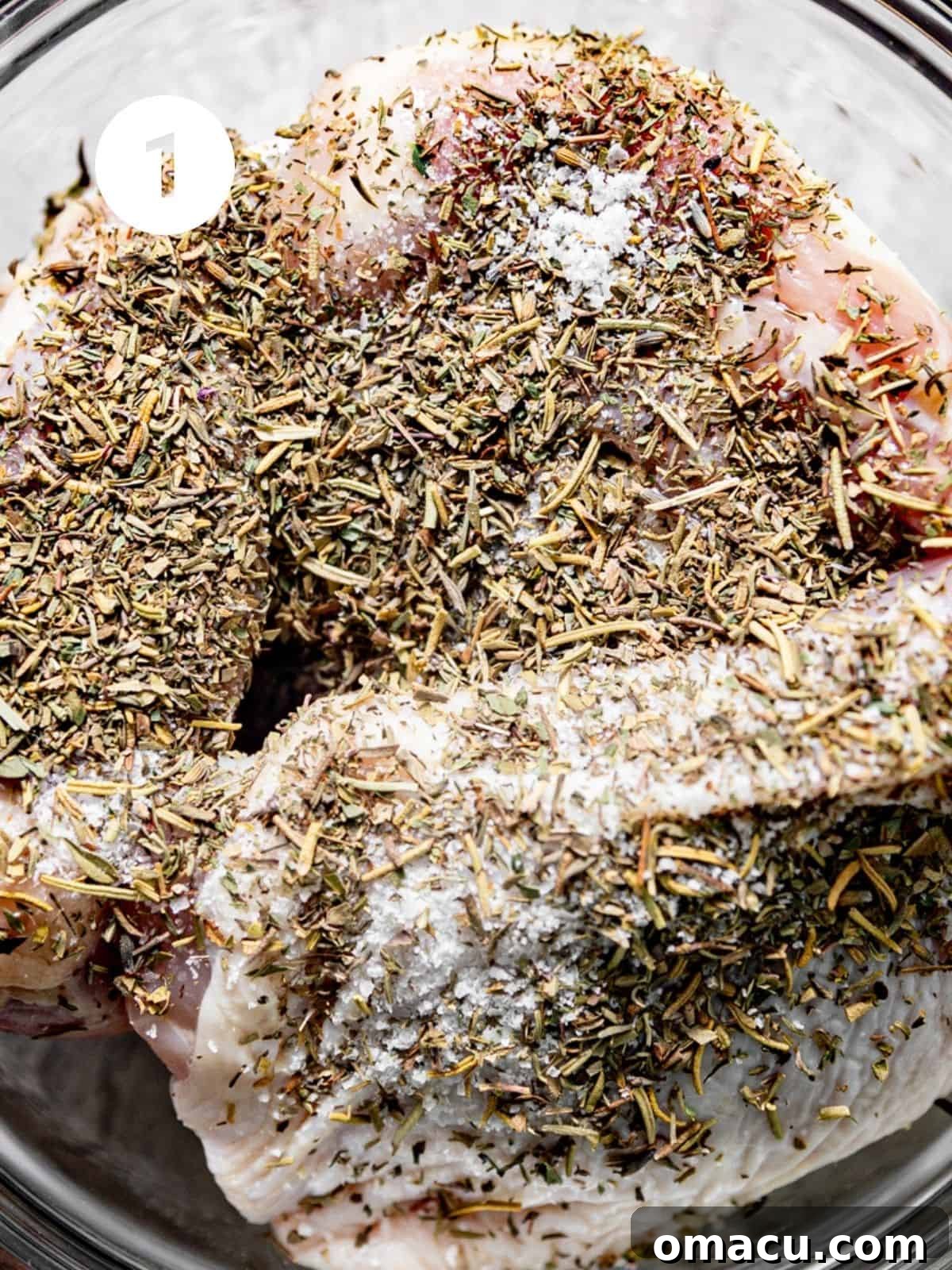 chicken in a mixing bowl coated in seasonings.