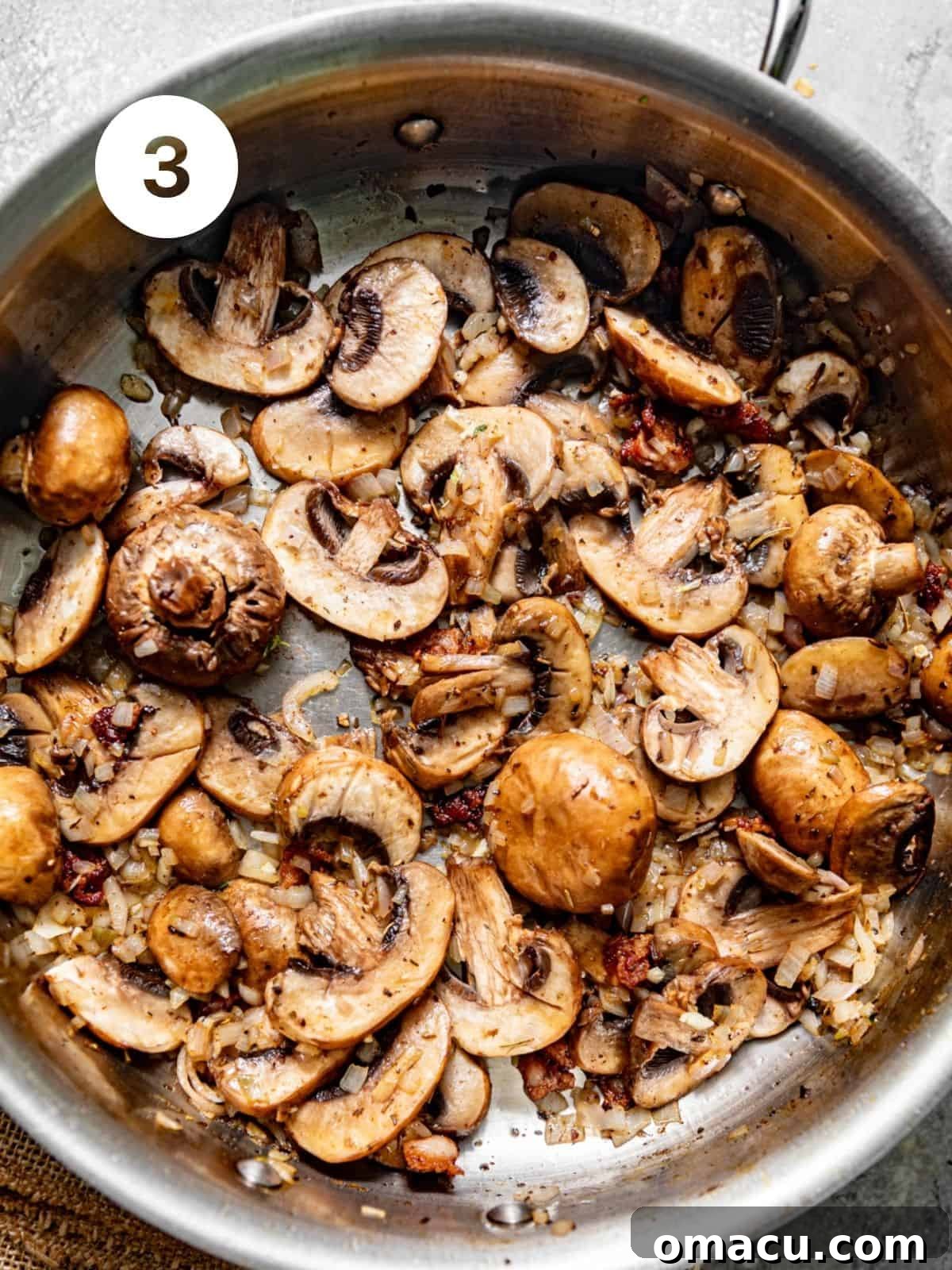 sauteed mushrooms, shallots, garlic, and bacon in a pan. 