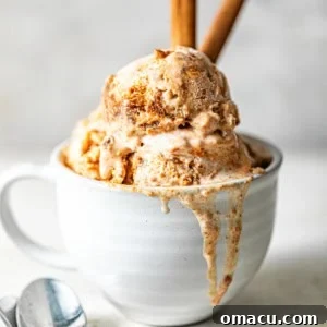 sweet potato pie ice cream in a white mug with a spoon and cinnamon sticks.