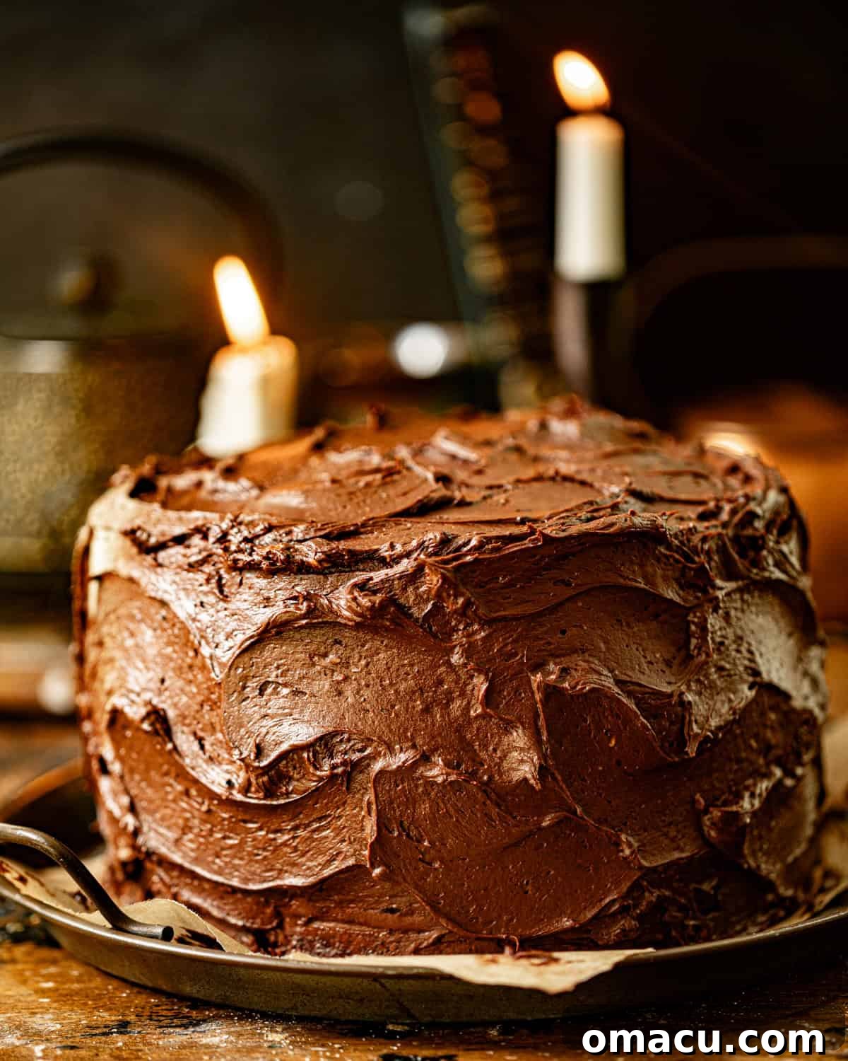 A stunning Matilda's chocolate cake on a serving tray, adorned with lit candles, with books in the background, ready for a celebration.