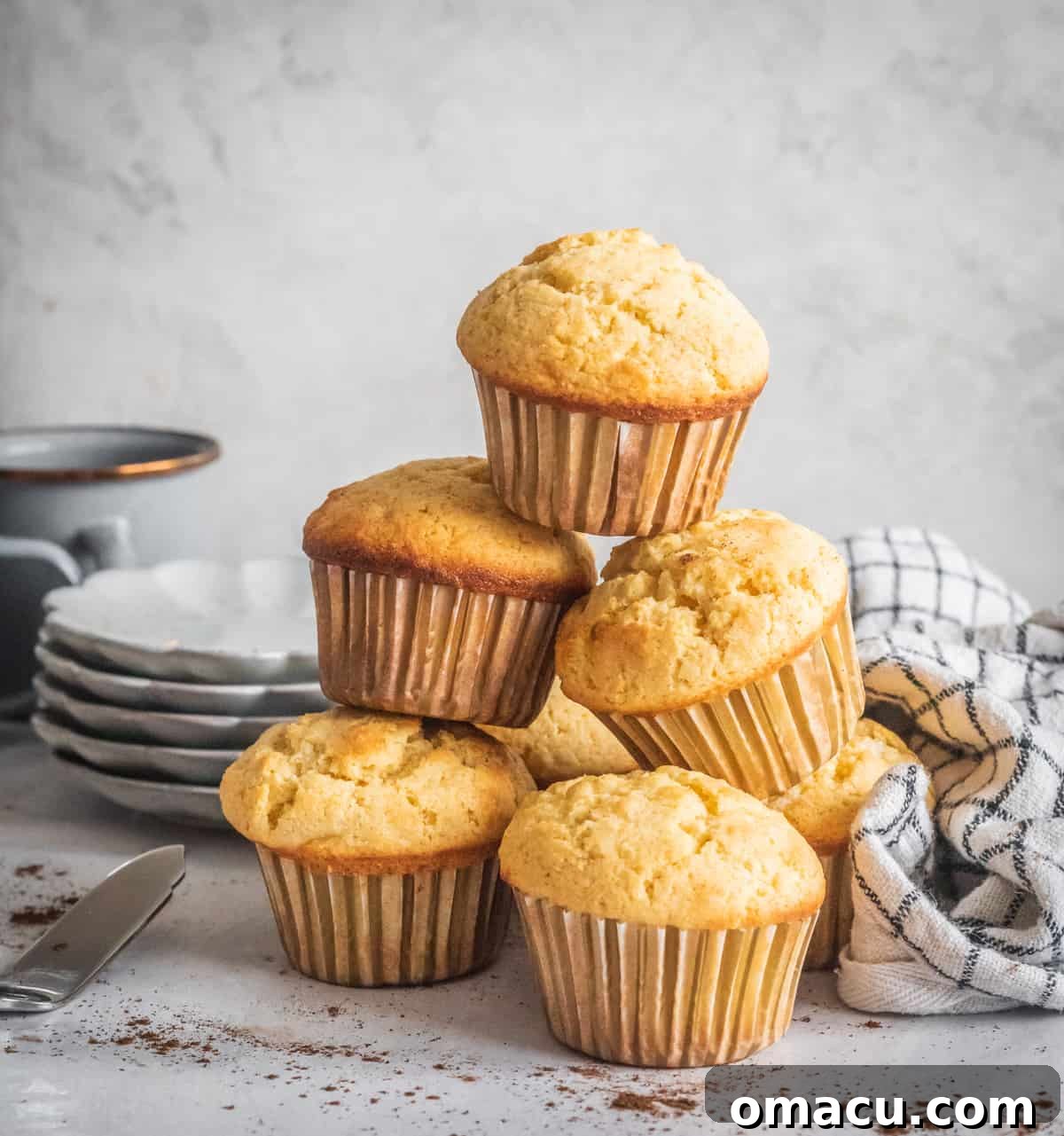 A beautiful tower of golden corn muffins