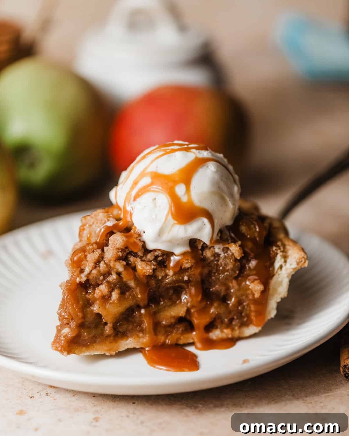 Close-up photo of a slice of Dutch apple pie, showcasing the layers of streusel, apple filling, and flaky crust.