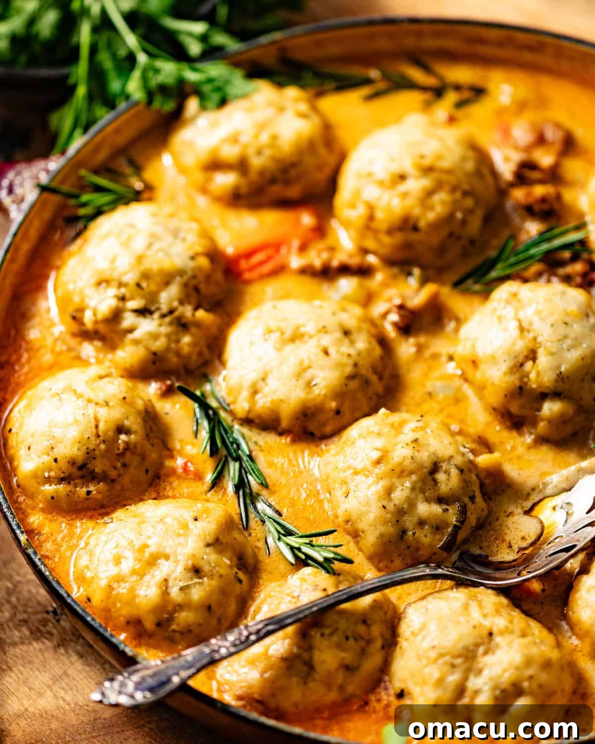 dutch oven chicken and dumplings in a pot with fresh rosemary on top for garnish. 