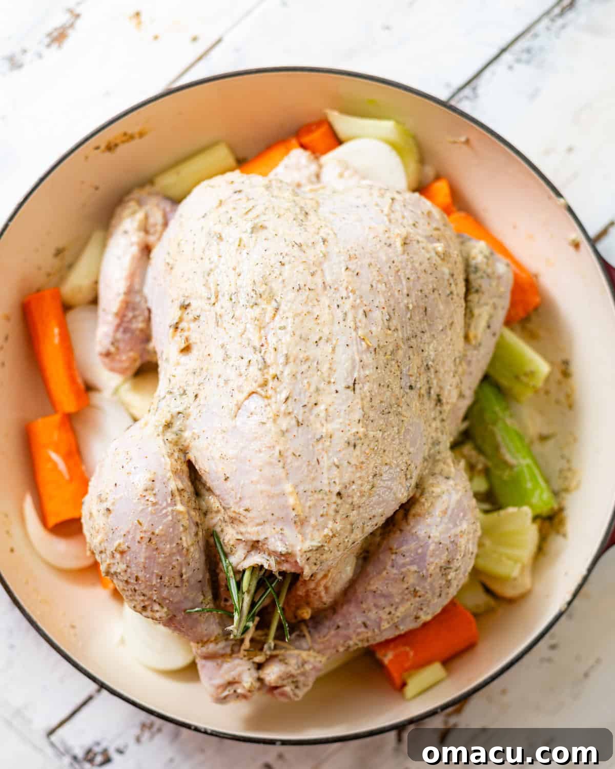 whole chicken in a roasted pan covered in mayo and spices sitting on top of carrots, celery, garlic, lemon and herbs.
