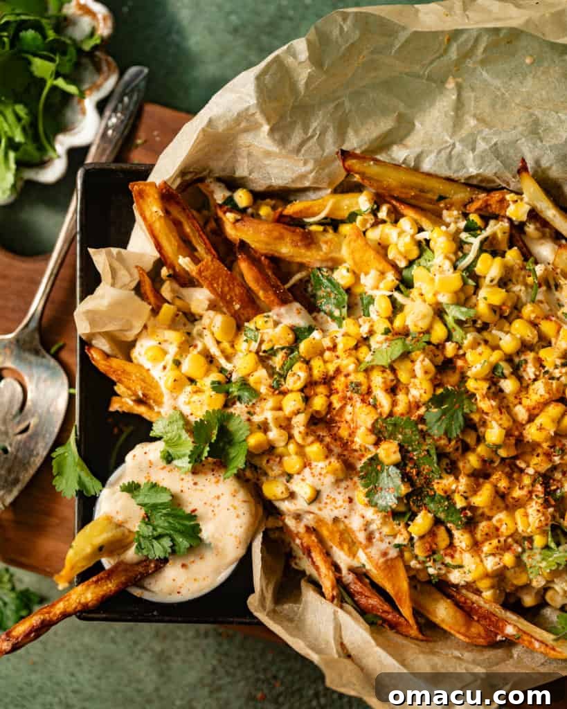 Elotes fries artfully arranged in a serving basket, generously topped with queso.