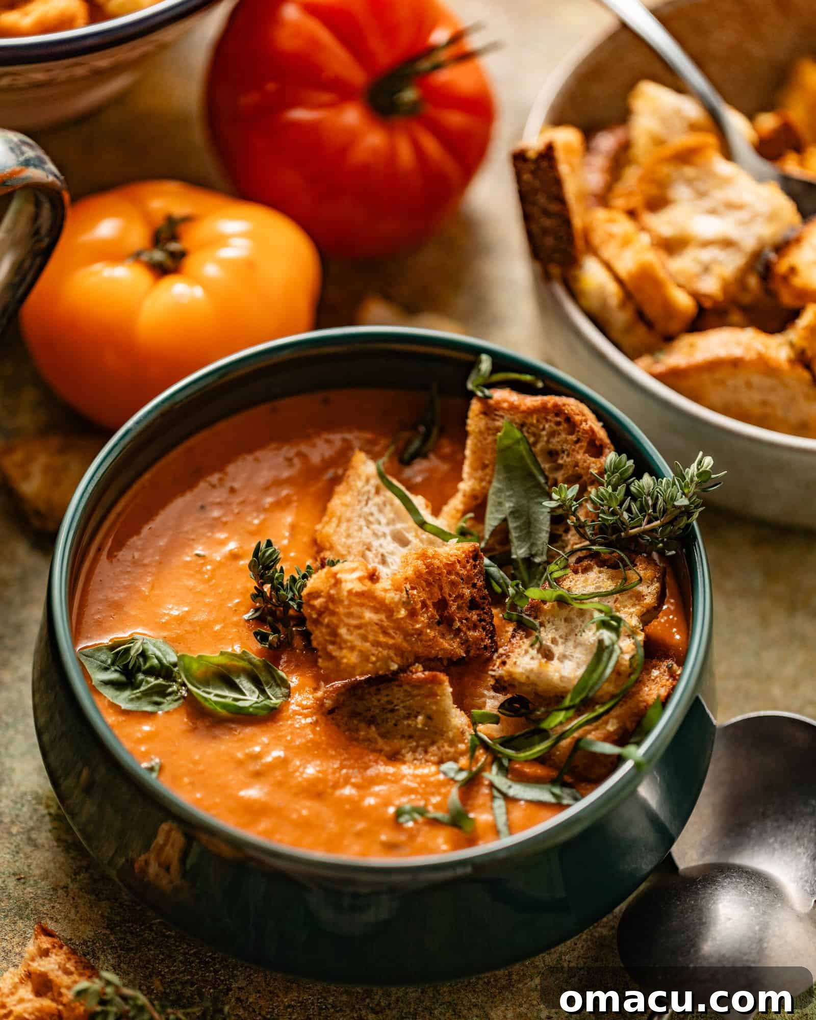 A close-up of heirloom tomato soup in a bowl, surrounded by fresh tomatoes and serving spoons, highlighting its creamy texture.