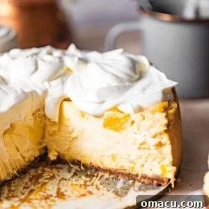 Up close photo of a slice of pineapple cheesecake on a white plate, showcasing its creamy texture and Biscoff crust, ready to be enjoyed.